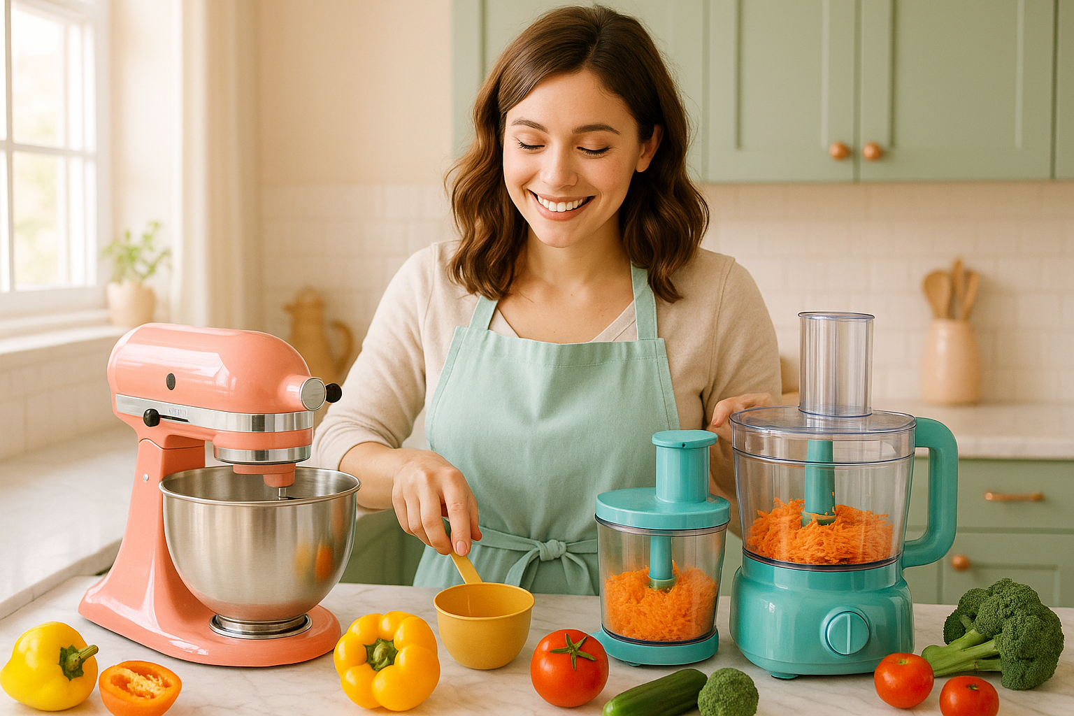 kitchen gadjets using by a cute girl in a good colour pallet way